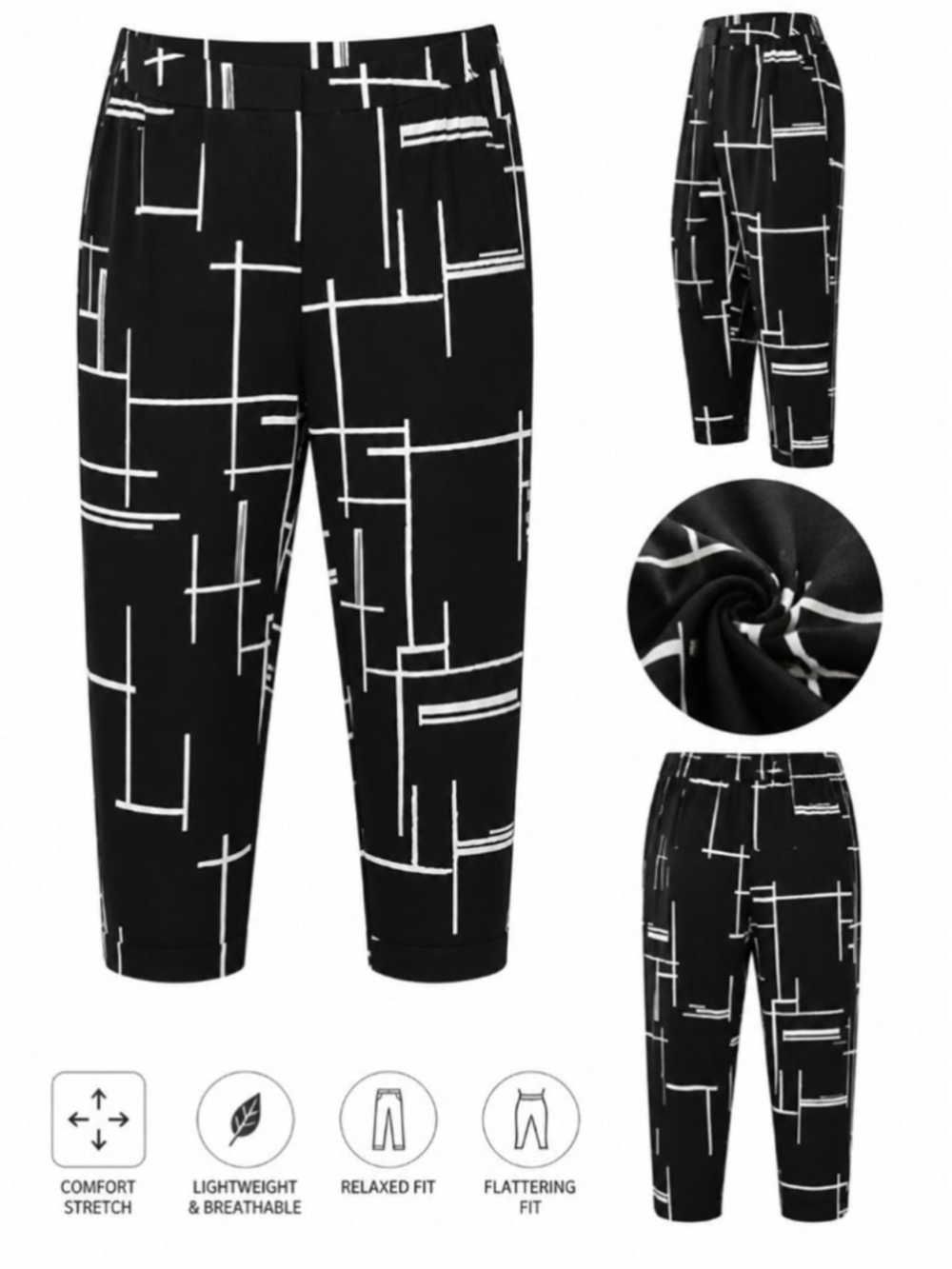 Investments II Black White Geometric Print Cropped Pants Career Stretch18w